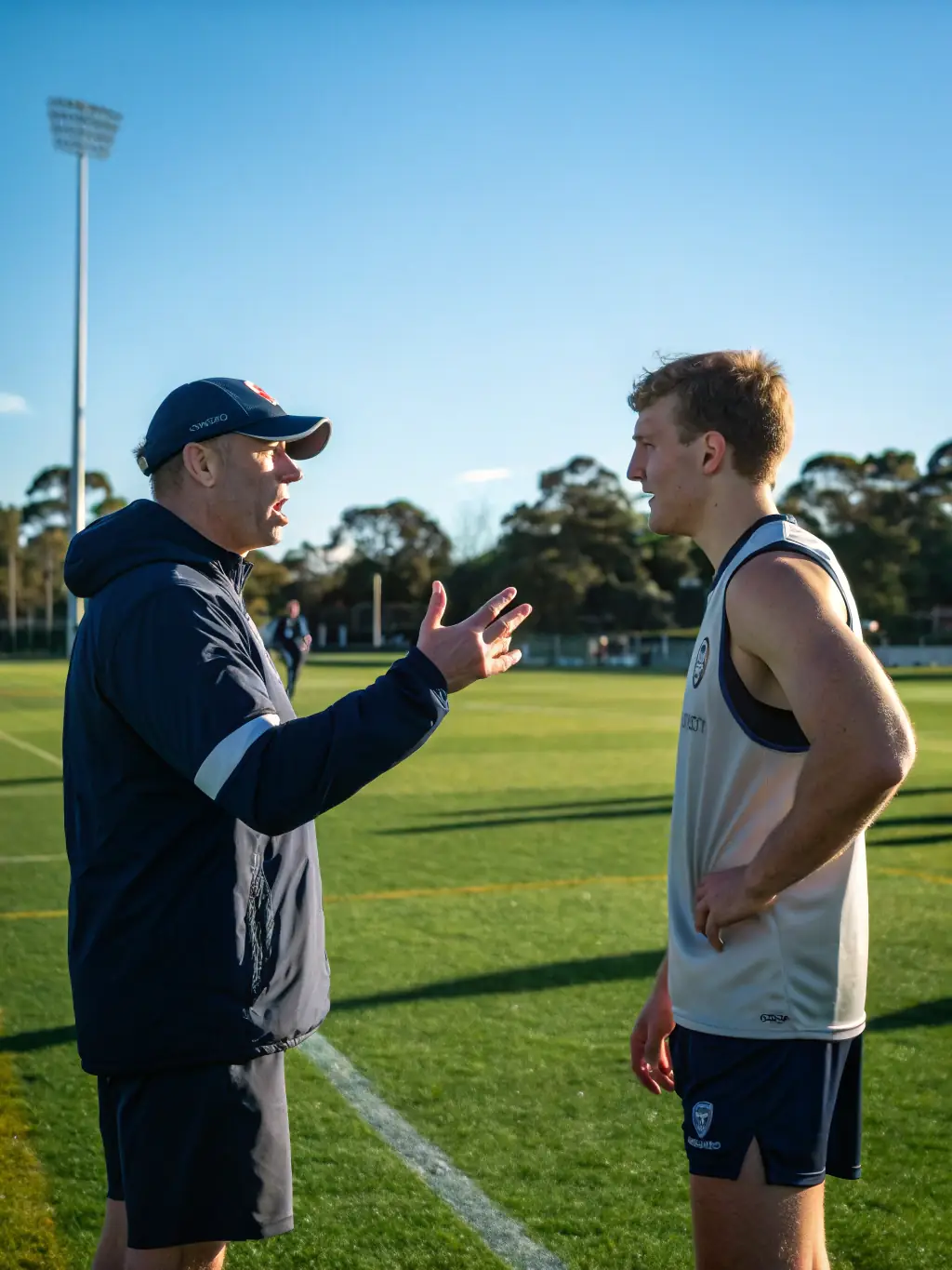 A coach mentoring a young rugby player, emphasizing the importance of discipline, respect, and personal growth through sports.