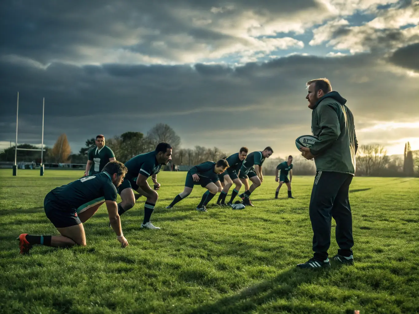 A dynamic image of adults playing a competitive rugby match, demonstrating skill and athleticism, with spectators cheering in the background.