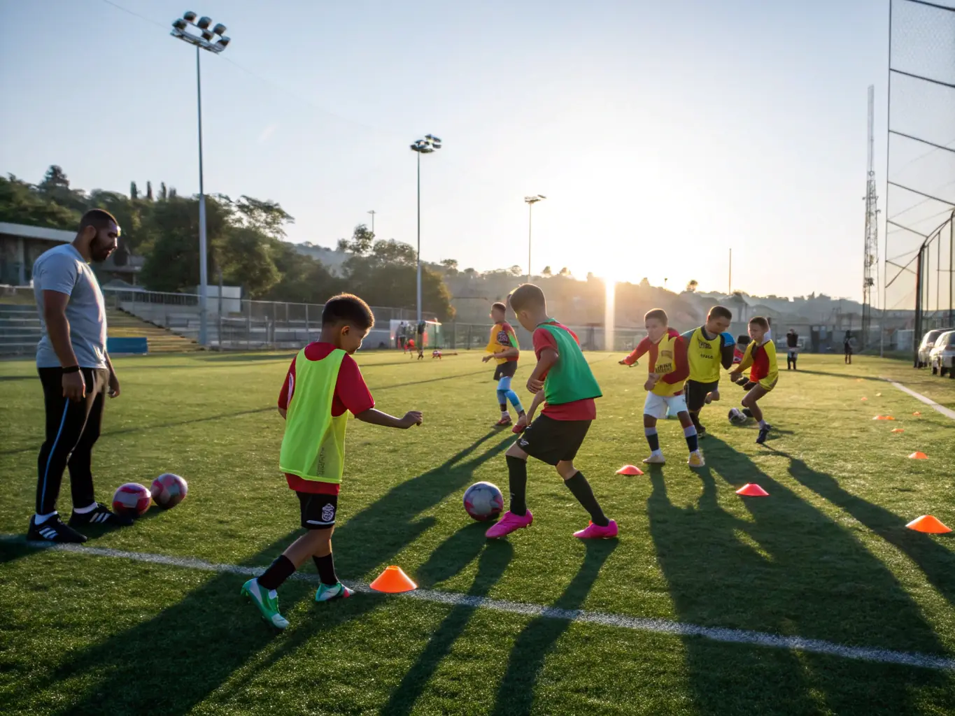 A group of young rugby players participating in a training session on a sunny field, with coaches providing guidance and encouragement. The scene captures the energy and enthusiasm of youth sports.