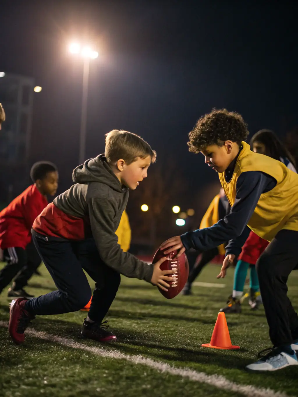 A dynamic image of young rugby players in action during a training session, emphasizing the energy and teamwork involved.