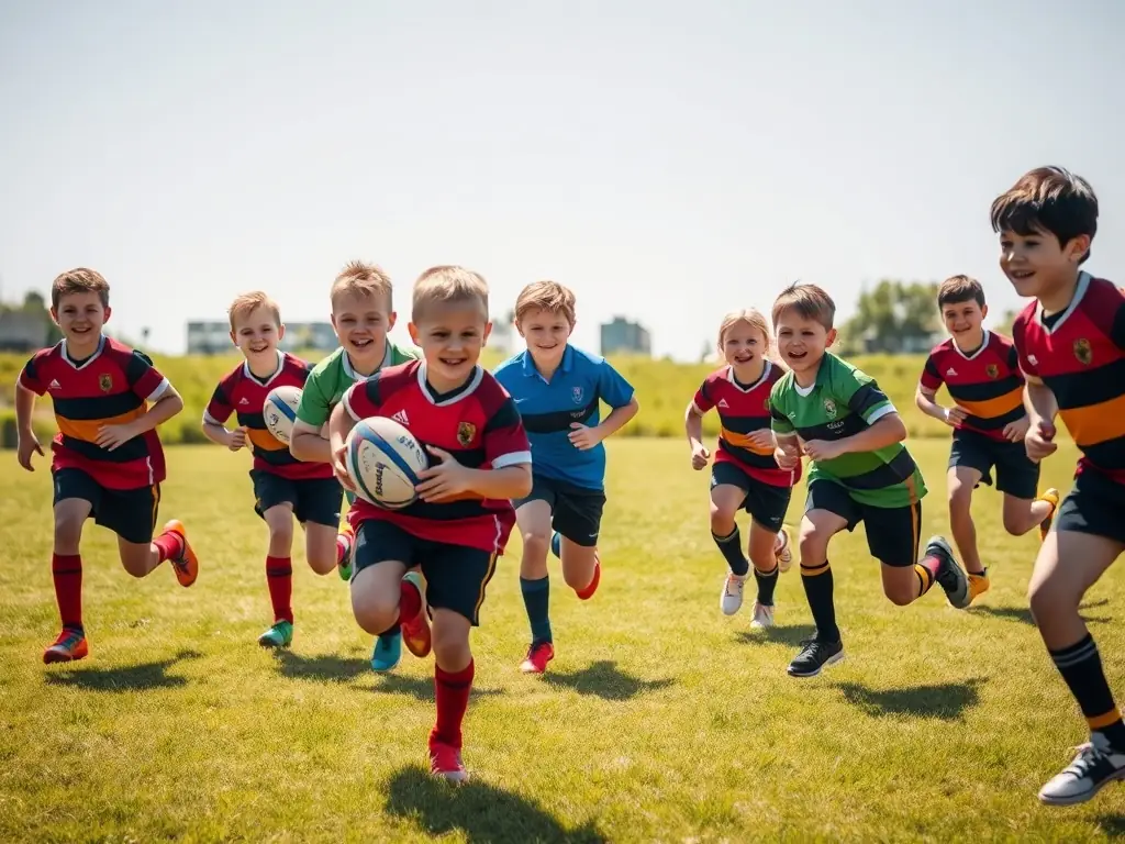 A vibrant image of young children participating in a rugby training session, showcasing teamwork and fun, set against a sunny, green field.