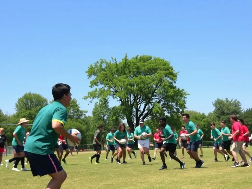 A heartwarming image of community members participating in a rugby-themed event, highlighting inclusivity and community spirit, with diverse participants of all ages.