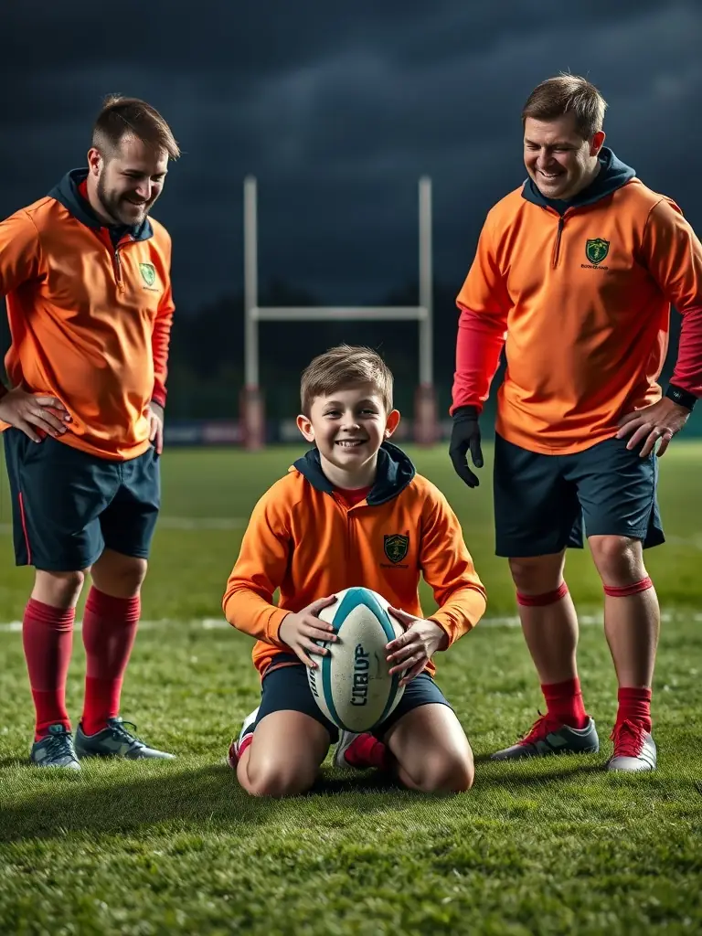 A group of young rugby players participating in a training session, focusing on teamwork and coordination, set against the backdrop of a local park in Rochefort, France.