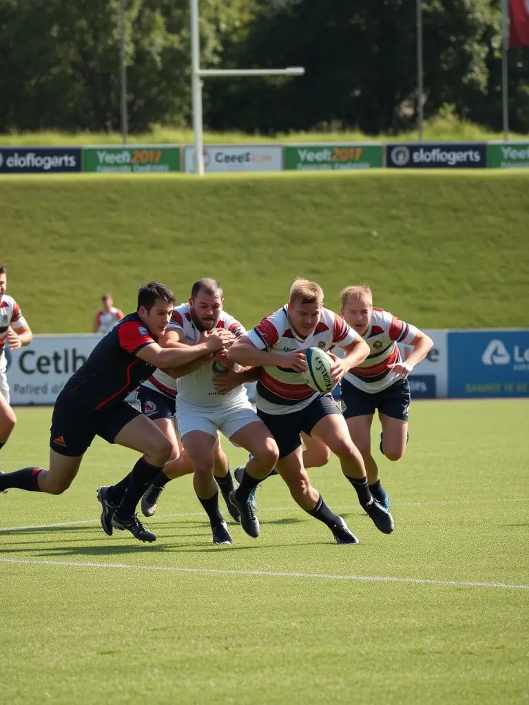 A diverse group of adults participating in a community rugby match, showcasing inclusivity and sportsmanship, with spectators cheering from the sidelines.