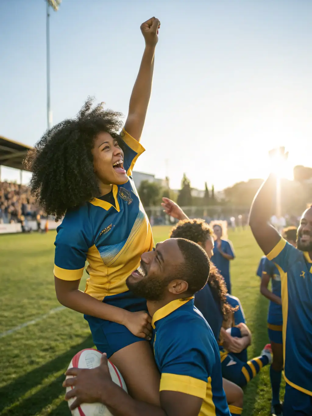 A photo of a community rugby event, showcasing participants of all ages and backgrounds enjoying the sport.