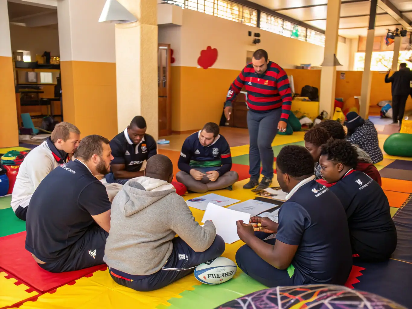 A diverse group of community members participating in a rugby-themed event, with smiles and laughter evident. The image showcases the inclusive and welcoming nature of LES AMIS DE L'OVALE.